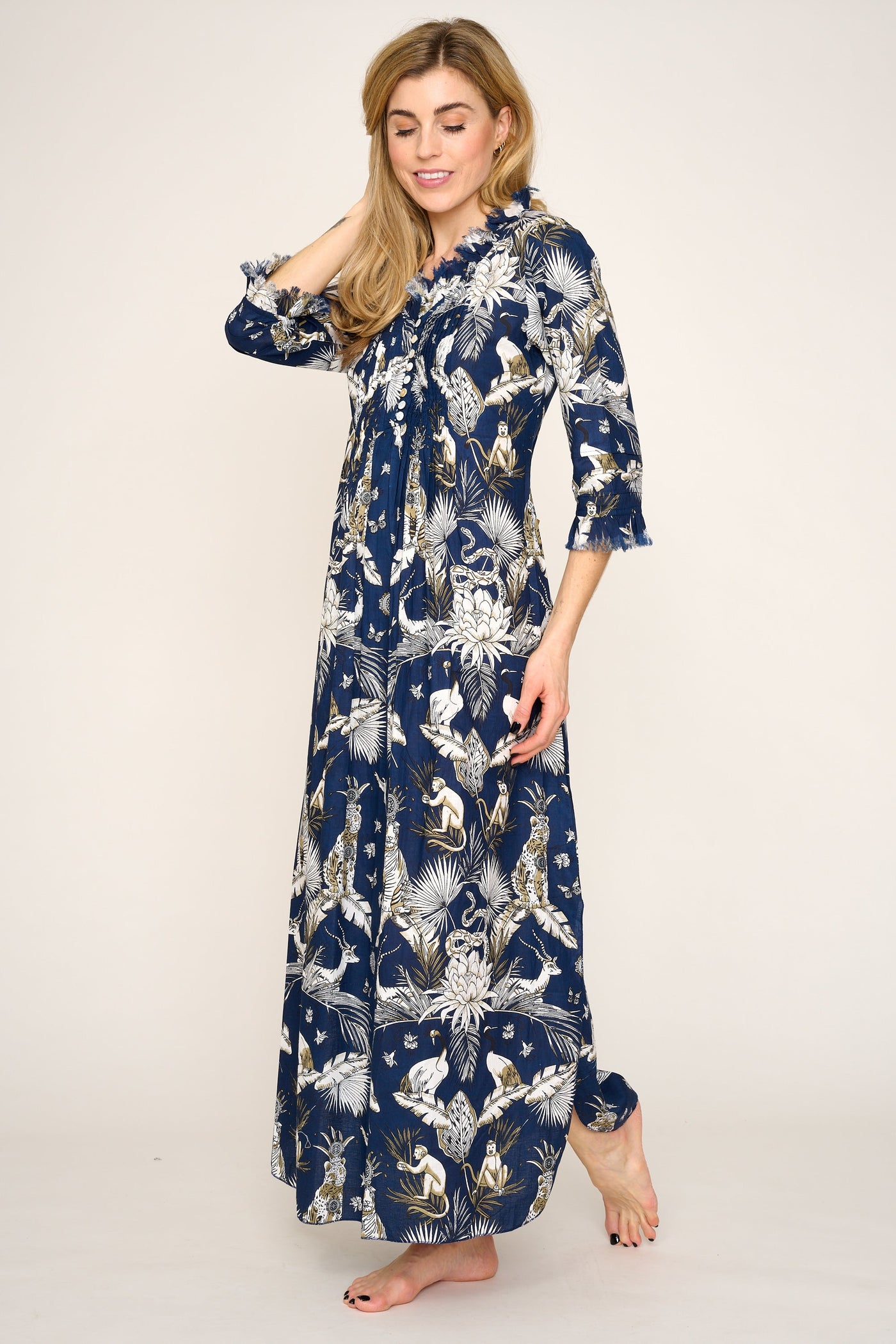 Cotton Annabel Maxi Dress in Navy Tropical