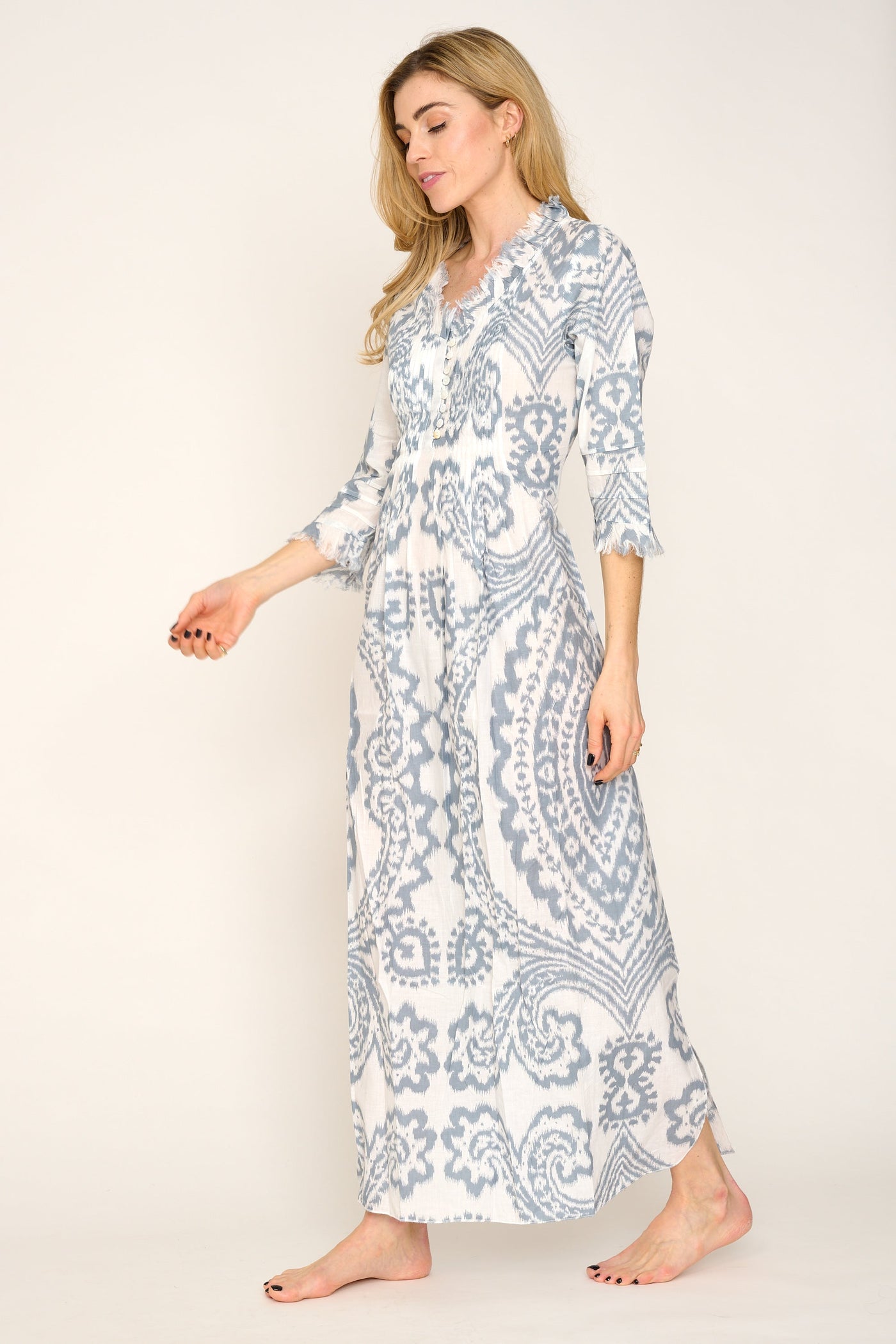 Cotton Annabel Maxi Dress in Grey & White Ikat