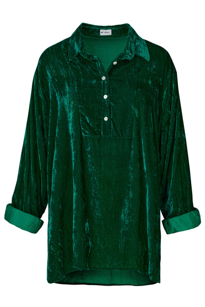 Ava Oversized Silk Velvet Shirt In Emerald Green