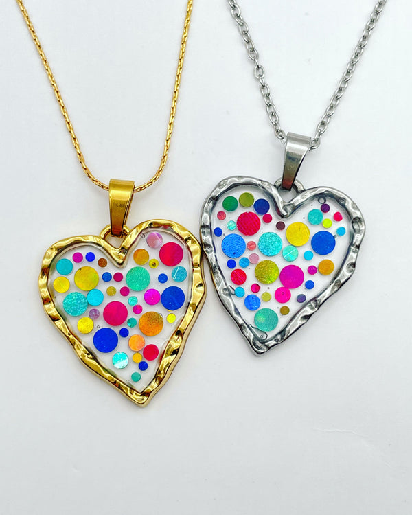 Disco heart necklace with colourful sparkles