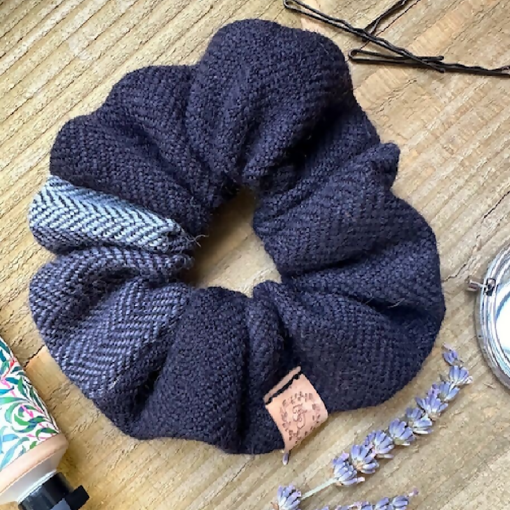 Herringbone Stripes Monochrome British Wool Scrunchie