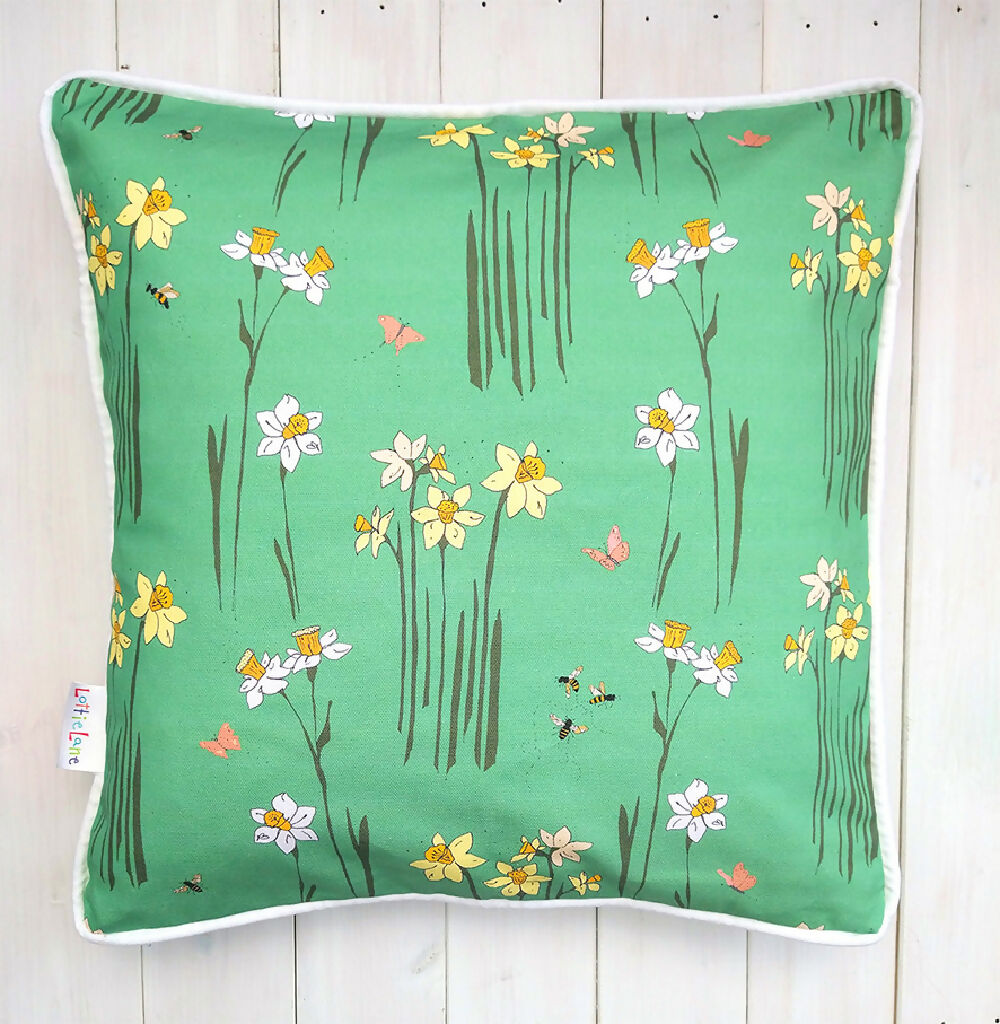 Daffodil Hand Made Organic Cotton Cushion in Green