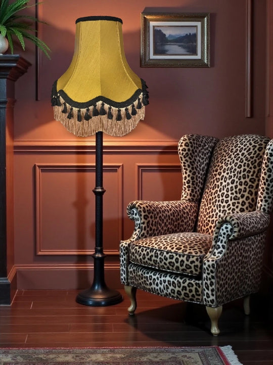 Traditional antique gold fabric lampshades with black tassels - Available in 8 sizes