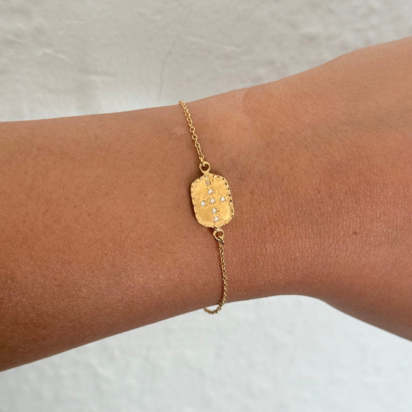 Textured 3micron 18k Gold Plated Sterling Silver Rectangular Disc Bracelet with Cubic Zirconia