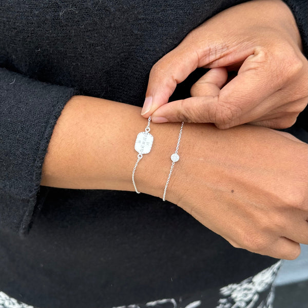 Textured Sterling Silver Rectangular Disc Bracelet with Cubic Zirconia