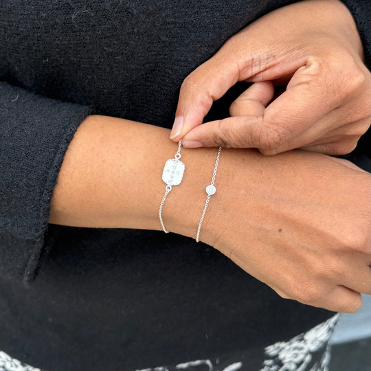 Textured Sterling Silver Rectangular Disc Bracelet with Cubic Zirconia