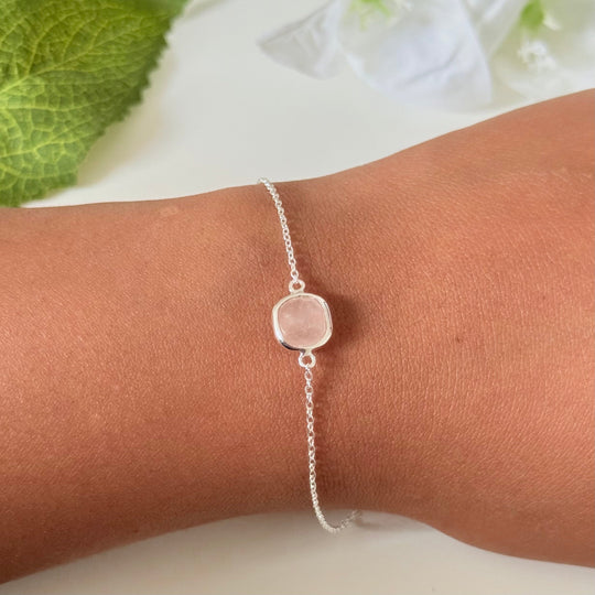 Minimal Adjustable Bracelet in Sterling Silver with a Square-Shaped Rose Quartz Gemstone