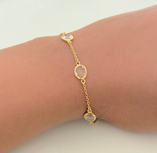 Four Oval Shaped Green Amethyst Gemstone Adjustable Bracelet in Vermeil Gold