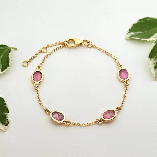 Four Oval Shaped Pink Tourmaline Gemstone Adjustable Bracelet in Vermeil Gold