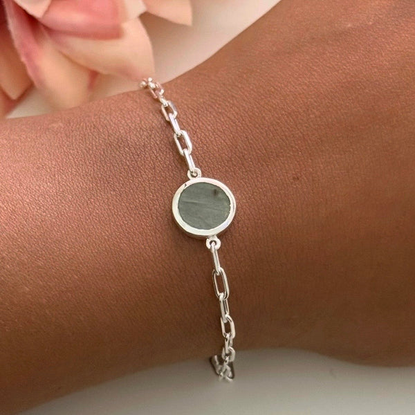 Sterling Silver Paperclip Link Chain Adjustable Bracelet with Round Labradorite Gemstone