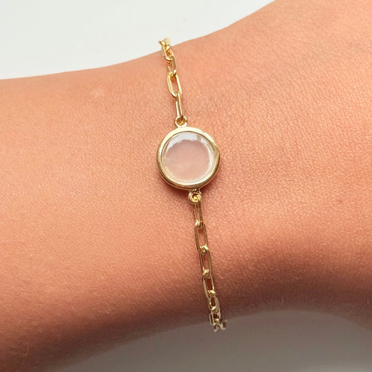 Vermeil Gold Paperclip Link Chain Adjustable Bracelet with Round Rose Quartz Gemstone