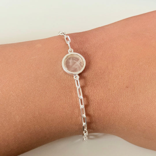 Sterling Silver Paperclip Link Chain Adjustable Bracelet with Round Rose Quartz Gemstone