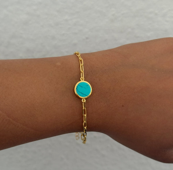 Vermeil Gold Paperclip Link Chain Adjustable Bracelet with Round Turquoise Gemstone