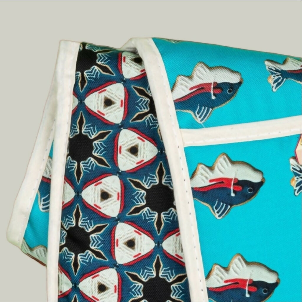 'Skipping Over the Ocean' Organic Cotton Oven Gloves with Blue Fish Cookie Design