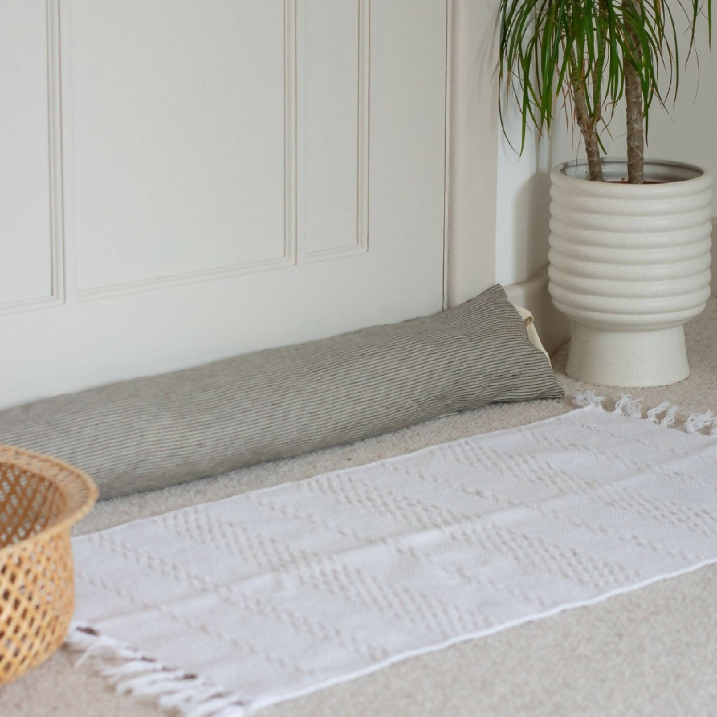 Striped Linen Draught Excluder in Natural/Navy