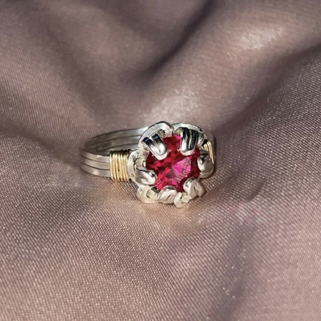 Simulated Ruby Prong Set Wrapped Silver Ring