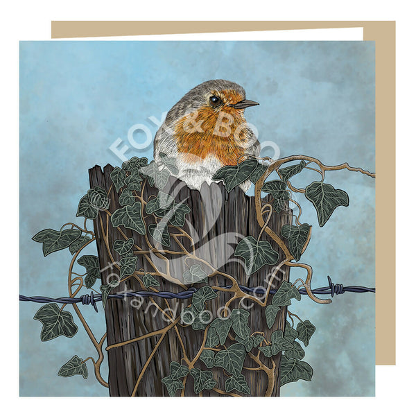 Greeting card by Fox and Boo featuring a robin perched on an ivy clad fence stump with barbed wire