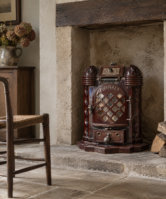 Deville & Cie ‘Cristal’ Art Deco Burgundy Enamel Wood Burning Stove c.1920.