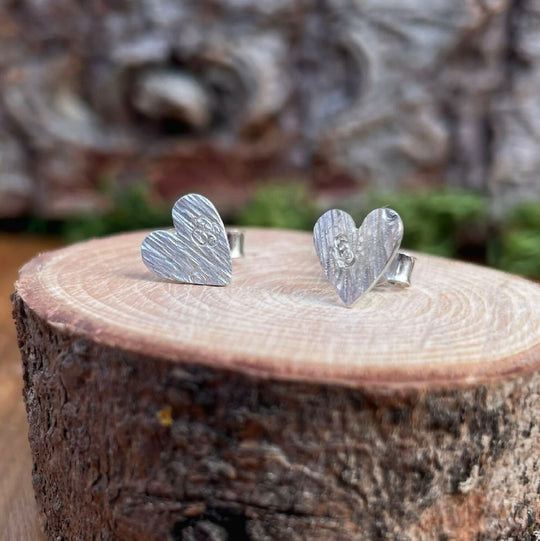 Silver Tree Bark Heart Stud Earrings