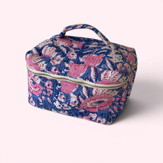 Vanity Bag - Quilted Cotton Toiletry Bag in Blue and Pink Floral Block Print