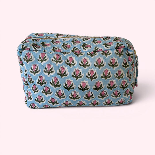 XL Toiletry Bag - Quilted Cotton Large Wash Bag in Pale Blue and Pink Floral Block Print