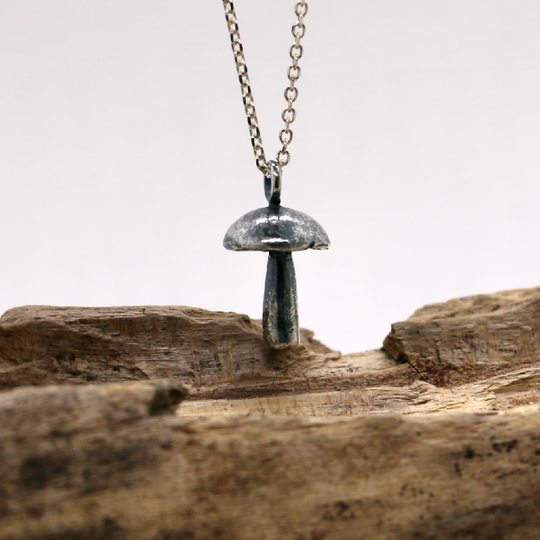 Hand-sculpted silver mushroom necklace