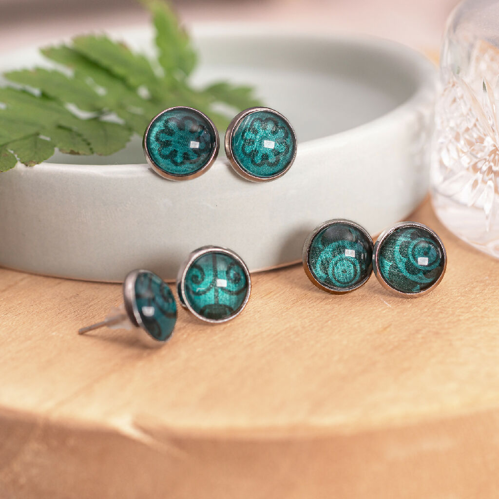 Upcycled Metal Circular Stud Earrings in Green