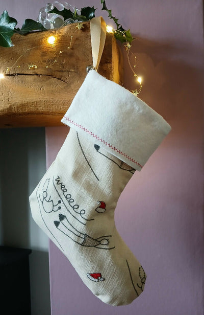 Small Linen Stocking (R) with Hand-Stitched Detail, with Mantel