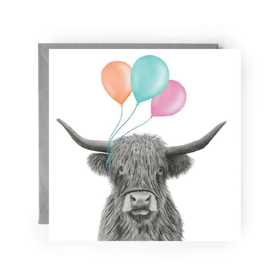 Cute Highland Cow Balloons Greeting Card