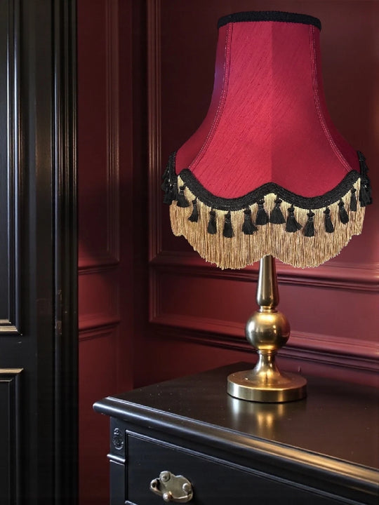 Traditional burgundy red fabric lampshades with black tassels - Available in 8 sizes