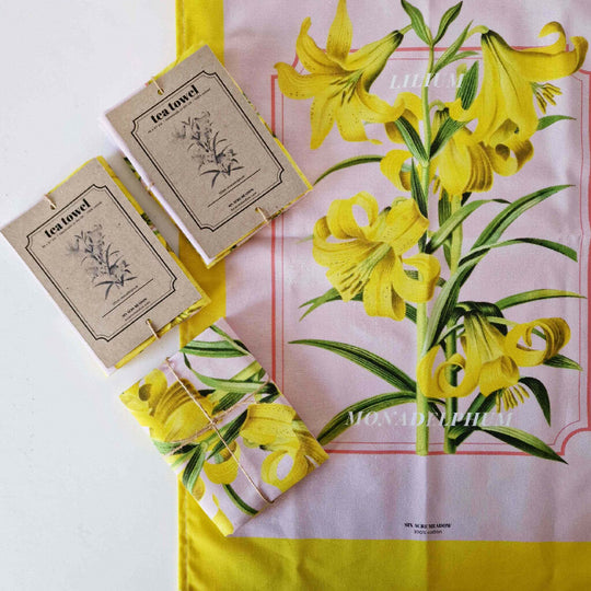 Lily Print Cotton Tea Towel in Pink and Yellow