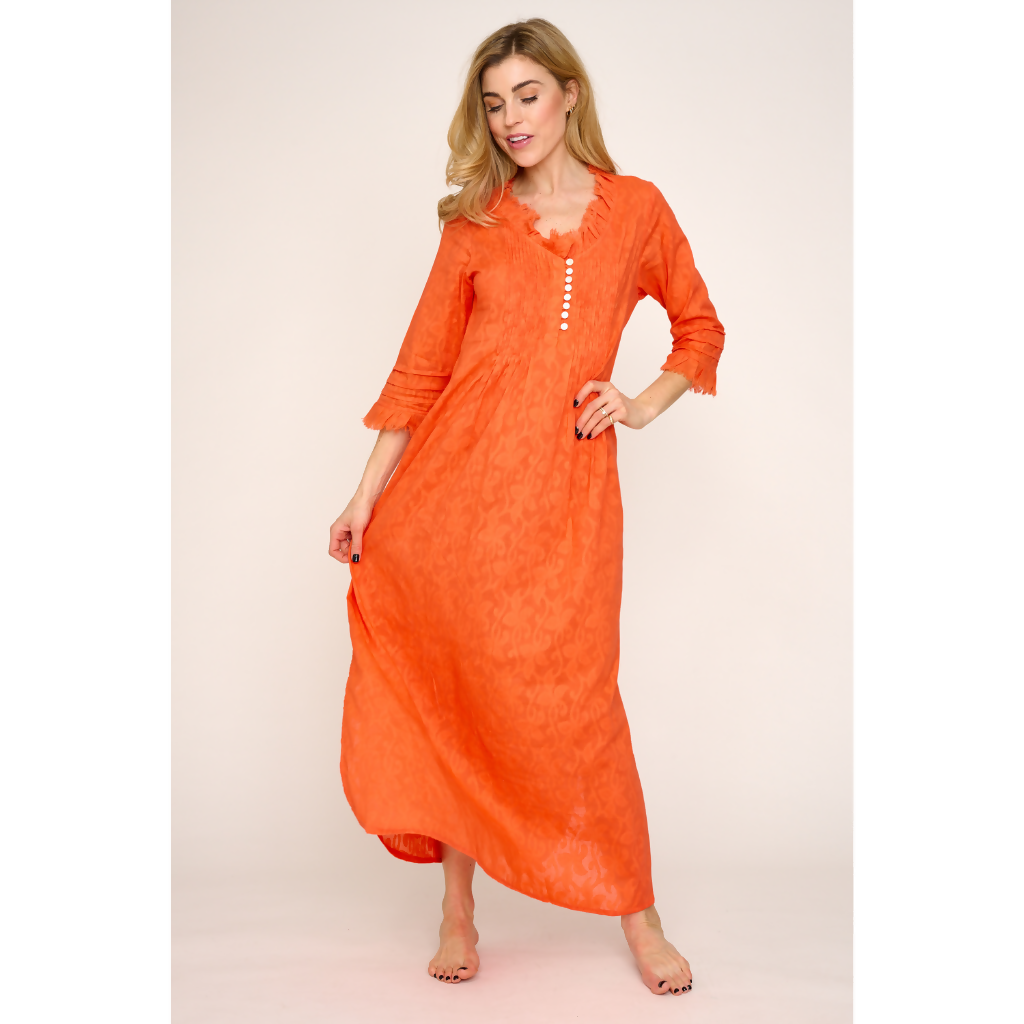 Cotton Annabel Maxi Dress in Hand Woven Hot Orange