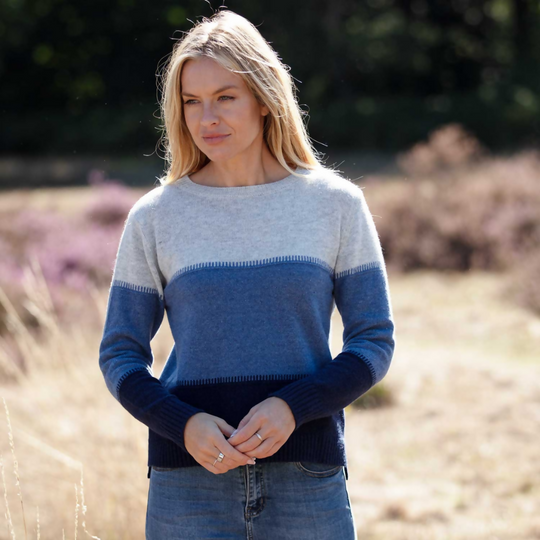 Cashmere Mix Sweater In Grey, Denim & Navy Stripe