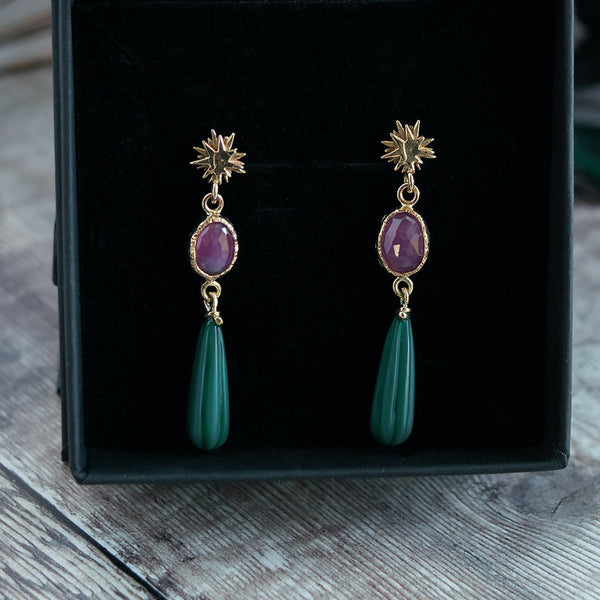 9ct Yellow Gold Pink Sapphire and Green Agate Drop Earrings
