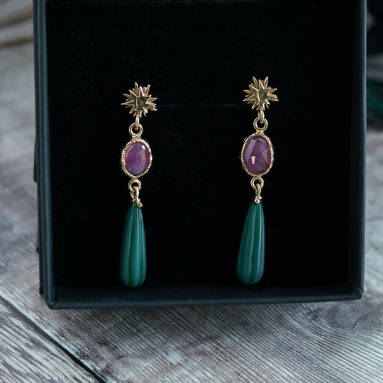 9ct Yellow Gold Pink Sapphire and Green Agate Drop Earrings