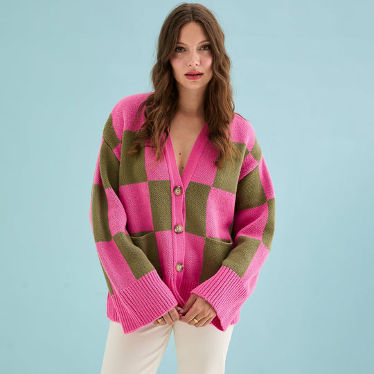 Candice Wide Sleeve Checked Button Cardigan - Pink & Green