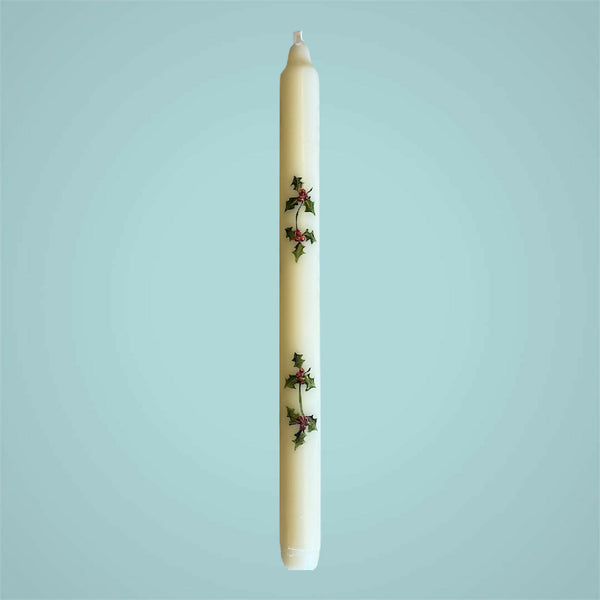 December Birth Flower Candle - Hand Painted Holly Candle with Gold Coloured Metal Holder