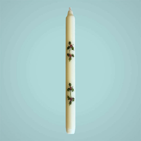 December Birth Flower Candle - Hand Painted Holly Candle with Gold Coloured Metal Holder