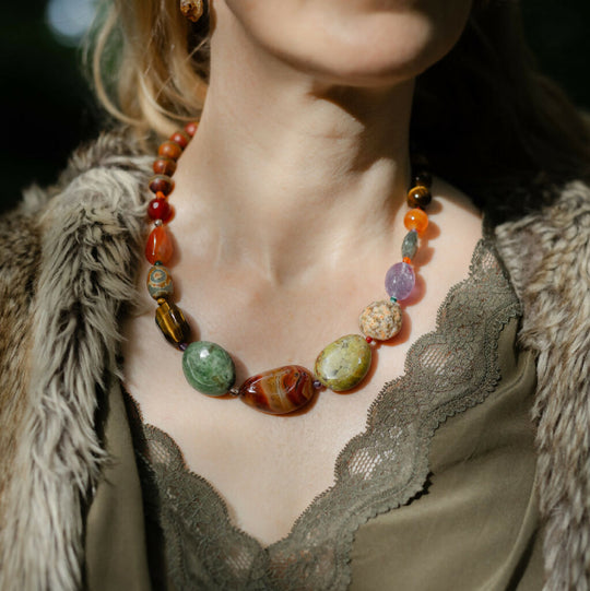 Russet Rock gemstone necklace with brown tiger's eye, orange carnelian, green serpentine.