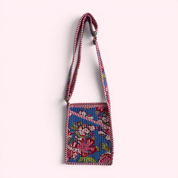 Mini Cross Body Bag - Denim Blue and Pink Block Print Floral