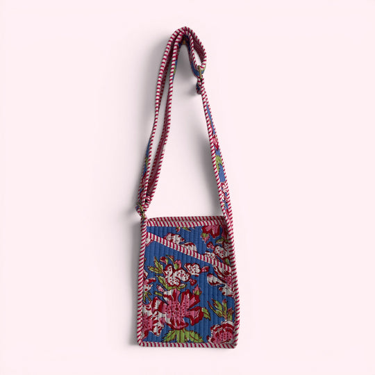 Mini Cross Body Bag - Denim Blue and Pink Block Print Floral