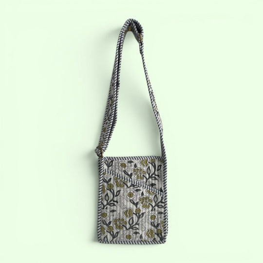 Mini Cross Body Bag - Grey and White Block Print Floral