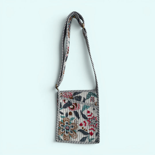 Mini Cross Body Bag - Grey with Turquoise and Red Block Print Floral