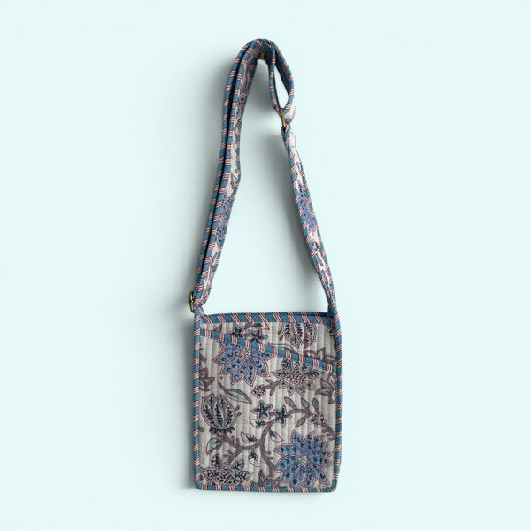 Mini Cross Body Bag - Pale Blue and White Block Print Floral
