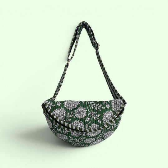 Cross Body Sling Bag - Green and White Block Print Floral Cotton