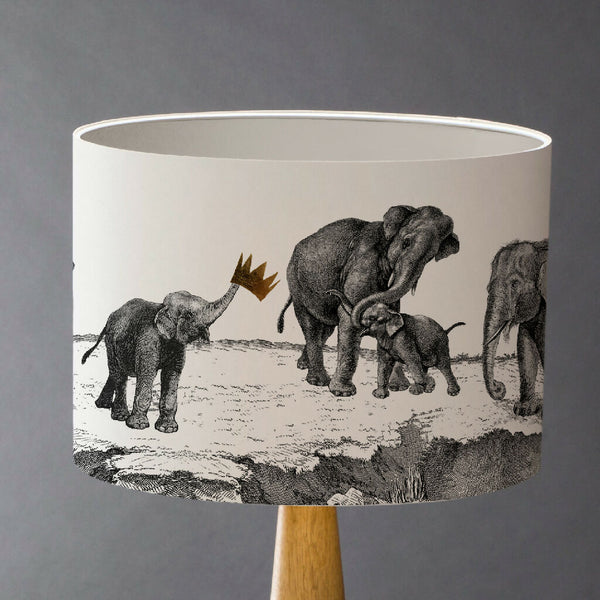 Handmade lampshade featuring a charming baby elephant illustration inspired by Whipsnade Zoo, perfect for wildlife-inspired interiors.