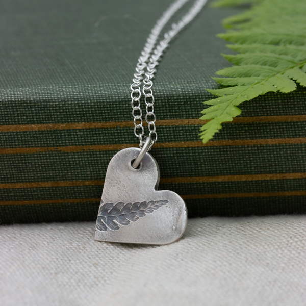 Fern Leaf Silver Heart Pendant