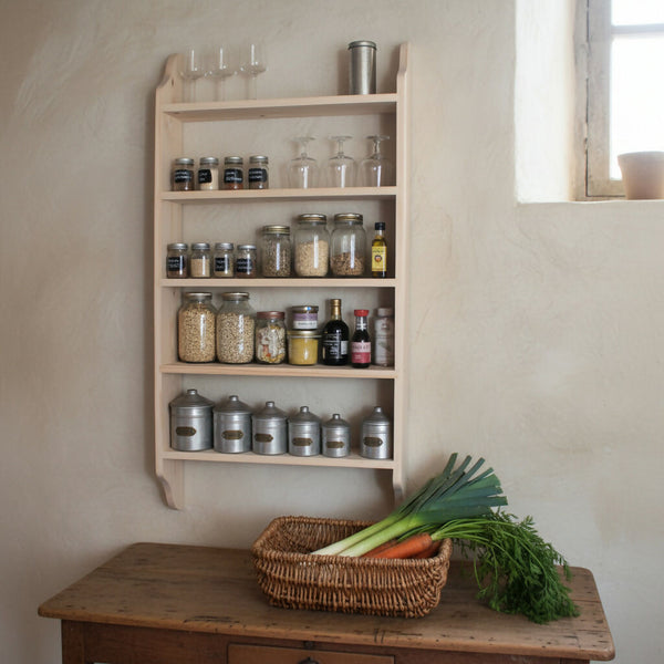A farmhouse shelf above a table with a basket of vegetables on it.