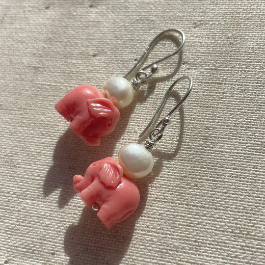 Coral Elephants Freshwater Pearls Sterling Silver Earrings