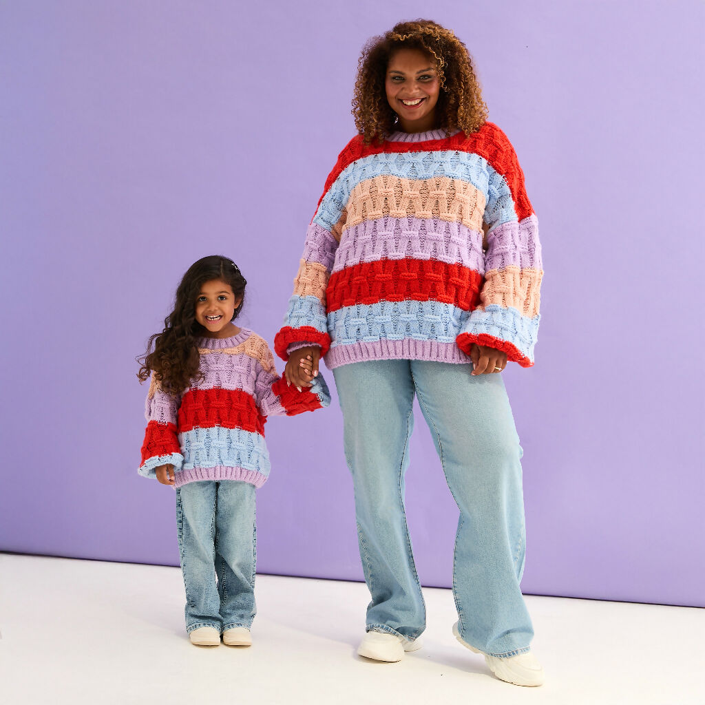 Mandy Kids Criss-Cross Stitch Balloon Sleeve Stripe Jumper